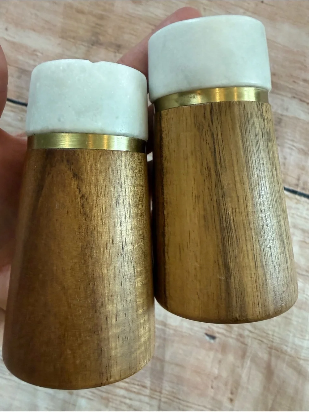 Salt & Pepper Shakers White Oxnard Wood Metal Band Hand Crafted Marble